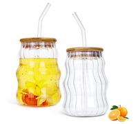 Prismoria Bicchieri creativi, 2 bicchieri da 500 ml, a forma di onda, con coperchio e cannucce, bicchieri vintage a coste, per latte macchiato, caffè matcha