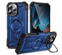 Pritify Armour, Custodia per iPhone 15 Pro Max con cavalletto e protezione per fotocamera rialzata, di grado militare, antiurto, resistente, con anello in metallo per supporto magnetico per auto, blu