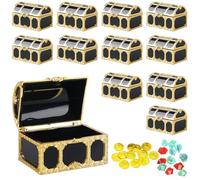 PRITOK 12 mini scrigno del tesoro dei pirati: piccolo scrigno del tesoro in plastica con 12 monete d'oro e 12 pietre preziose, scrigno del tesoro per feste dei pirati, decorazione 7,5 x 5,2 x 5 cm