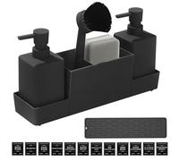 PRITOK Dispenser di sapone spugna per lavello: dispenser di sapone da cucina con spugna per lavello, organizer con spazzola e due dispenser di sapone con tappetino antiscivolo per organizer per