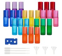 PRITOK Roll On Bottiglie di vetro per olio essenziale, 24 pezzi Roll on Bottiglie vuote 5 ml Multicolor Vetro Roller Bottiglie con scooter in acciaio inox palline e accessori per olio essenziale,