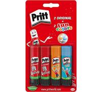 Pritt Colla, colla sicura e adatta ai bambini, per lavori di arte e artigianato, colla forte per scuola e cancelleria, 2 x 22 g originali e 2 x 20 g penne colorate Pritt (blu, arancione), 9H PTFCS