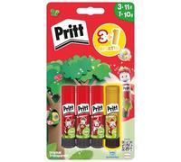 Pritt Colla stick di design, colla sicura e adatta ai bambini, per lavori di arte e artigianato, colla forte per la scuola, 3 x 11 g originale e 1 penna colorata Pritt da 10 g, 9H PBS4B