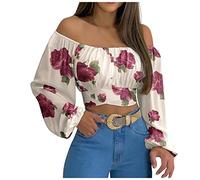 PRJN Camicetta da Donna in Chiffon con Stampa Floreale Casual con Spalle Scoperte Camicia a Maniche Lunghe Estiva Top Camicette Floreali con Stampa Floreale Camicie Sexy con Spalle Scoperte da Donna