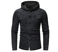 PRJN - Camicia da uomo per il tempo libero, in jeans, con cappuccio, a maniche lunghe, da uomo A-Black M
