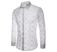 PRJN - Camicie da uomo sexy in pizzo, a maniche lunghe, con bottoni a pressione e fiori da vedere, casual, a maniche lunghe B-bianco L