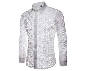 PRJN - Camicie da uomo sexy in pizzo, a maniche lunghe, con bottoni a pressione e fiori da vedere, casual, a maniche lunghe B-bianco L