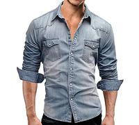 PRJN, Camicie di jeans, da uomo, casual abbottonata slim fit Top in cotone elasticizzato manica lunga Camicia di jeans kingsize, abbottonate da uomo elegante a maniche lunghe, B-blu (A), L