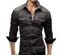 PRJN, Camicie di jeans, da uomo, casual abbottonata slim fit Top in cotone elasticizzato manica lunga kingsize abbottonate da uomo elegante a maniche lunghe, D-grigio (A), L