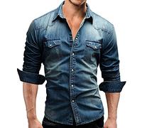 PRJN, Camicie di jeans, da uomo, casual abbottonata slim fit Top in cotone elasticizzato manica lunga kingsize abbottonate da uomo elegante a maniche lunghe, Un Blu, M