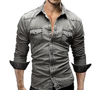 PRJN, Camicie di jeans, da uomo, casual abbottonata slim fit Top in cotone elasticizzato manica lunga kingsize abbottonate da uomo elegante a maniche lunghe, C-grigio, M