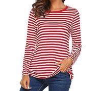 PRJN Maglietta da Donna a Maniche Lunghe Slim Girocollo a Righe Basic da Donna Rosso Bianco a Righe Manica Lunga Casual Girocollo Top Camicetta Casual a Righe Magliette Top Girocollo