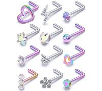 Prjndjw 20GNose - Piercing da naso in acciaio chirurgico, ipoallergenici, con zirconia cubica, a forma di piccolo cuore, stella, L, calibro 20, colore: argento, Metallo Cristallo, Zirconia cubica