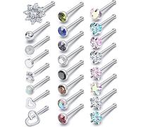 Prjndjw 44 anelli da naso da donna, 18 g, 20 g, per naso, gioielli in acciaio inox chirurgico, dritti, luna, stella, cuore, farfalla, ipoallergenici, per uomo, Metallo Cristallo, Zirconia cubica