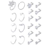 Prjndjw 44 anelli da naso da donna, 18 g, 20 g, per naso, gioielli in acciaio inox chirurgico, dritti, luna, stella, cuore, farfalla, ipoallergenici, per uomo, Metallo Cristallo, Zirconia cubica
