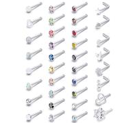 Prjndjw Piercing da naso e borchie in acciaio chirurgico da 20 g, con opale scuro a forma di cuore, zirconia cubica, 38 pezzi, 6,5 mm, curvatura dritta, a forma di L, kit per piercing, Metallo