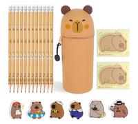 Prmape Astuccio Portapenne in Silicone, Kawaii Astuccio Scuola 2 in 1, Set di Cancelleria Capibara con 12 Matita, 6 Gomma, 2 Post-it, Portamatite da Scrivania Kawaii per Bambini Scuola/Ufficio
