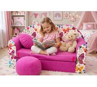 Pro Cosmo Divano letto pieghevole per bambini con funzione letto Perfetto per giocare e dormire - Con materasso, cuscino e pouf sfoderabili - 98x168x59 cm- M33 Rosa - Farfalle