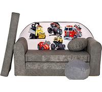 Pro Cosmo Divano letto pieghevole per bambini con funzione letto Perfetto per giocare e dormire - Con materasso, cuscino e pouf sfoderabili - 98x168x59 cm - A14 Grigio - Camion