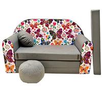 Pro Cosmo Divano letto pieghevole per bambini con funzione letto Perfetto per giocare e dormire - Con materasso, cuscino e pouf sfoderabili - 98x168x59 cm - A33 Grigio - Farfalle