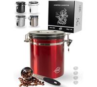 Pro@Home43® - Barattolo per caffè ermetico 500 g - rosso - contenitore per chicchi di caffè 1,5 l in acciaio inox con funzione calendario, con cucchiaio dosatore e 4 valvole di ricambio C02,