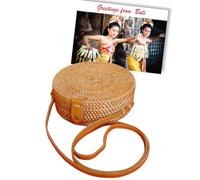 Pro@Home43® Borsa Mare in Rattan e Paglia Rotonda da Donna con Tracolla - Artigianale da Bali, Stile Boho Chic