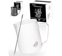 Pro@Home43® Bricco Latte professionale, Bricco per Latte in Acciaio Inox, lattiera per cappuccino 350 ml in bianco con penna Latte Art e confezione regalo