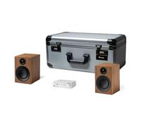 Pro-Ject Travel Set, mini sistema hi-fi con flight case, argento/noce | Set hi-fi compatto in flight case da bagaglio a mano: amplificatore Bluetooth, due diffusori, cavo, piedini assorbenti