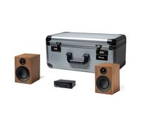 Pro-Ject Travel Set, mini sistema hi-fi con flight case, nero/noce | Set hi-fi compatto in flight case da bagaglio a mano: amplificatore Bluetooth, due diffusori, cavo, piedini assorbenti
