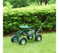 pro.tec Sgabello da Giardinaggio con Ruote Pneumatiche e Sedile Regolabile in Altezza Carrello in Acciaio da Giardino 81x45 cm con Manico Vassoio e Cestello Porta Attrezzi - Verde/Nero/Argento