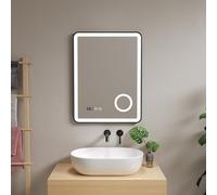 pro.tec Specchio LED da Parete Specchio Rettangolare da Bagno Antiappanamento Lente Ingranditore Orologio Luce Bianca Regolabile con Sensore Tattile 60 x 80 cm Cornice Nera