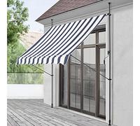 pro.tec Tenda da Sole a Muro con Pali di Supporto Telescopici Installazione Senza Fori Tettuccio Parasole a Manovella e Bracci Tela 300 x 120 cm (LxP) Blu scuro-Bianco