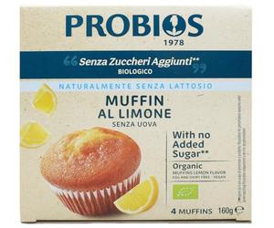 Probios Muffin al limone senza zuccheri aggiunti - Dolci morbidi biologici - Naturalmente senza lattosio e uova - Ideali per la colazione o la merenda dolce - 160g (4x40g)