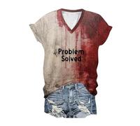 Problem Solved Shirt Stampata Insanguinata a Maniche Corte Scollo a V da Donna Tshirt Insanguinata di Halloween Divertente Vintage T Shirt Halloween Splatter Sanguinante Basic Funny Top Donna Gift