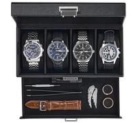 ProCase Scatola per Orologi, Organizer per Custodia Orologio Uomo con Coperchio in Vetro, Vetrina per Orologi a 2 Livelli con Cassettino per Archiviazione Gioielli -4 Slot Nero