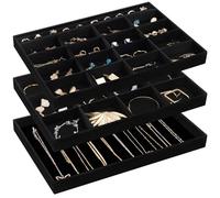 ProCase Set di 3 vassoi impilabili per cassetti, divisori per cassetti, divisori per gioielli, con divisori rimovibili, per anelli, orecchini, collane, braccialetti, colore: Tutto Nero
