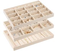 ProCase Set di 3 vassoi impilabili per cassetti, inserto per cassetti, divisori, espositori, gioielli, con divisori rimovibili, per anelli, orecchini, collane, bracciali, orologi, colore: beige