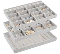 ProCase Set di 3 Vassoi Portagioielli, Scatole Portagioie in Velluto per Cassetto Toelette Armadio, Portagioielli Impilabile con Divisorio Rimovibile per Collana Orecchini Bracciali Anelli -Grigio