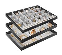 ProCase Set di 3 Vassoi Portagioielli, Scatole Portagioie in Velluto per Cassetto Toelette Armadio, Portagioielli Impilabile con Divisorio Rimovibile per Collana Orecchini Bracciali Anelli -Nero