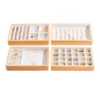 ProCase Set di 4 contenitori impilabili in bambù per gioielli, inserti per cassetti per gioielli, espositori, per orecchini, collane, anelli, bracciali, con divisori rimovibili, bianco caldo