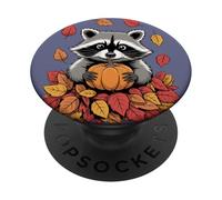 Procione dagli occhi larghi che tiene zucca in foglie autunnali PopSockets PopGrip Adesivo