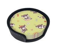 Procione Kawaii carino,Set di 6 sottobicchieri rotondi, sottobicchieri in pelle PU con supporto per casa, ufficio, cucina
