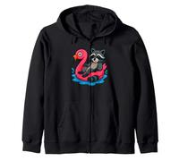 Procione su Flamingo Galleggiante Divertente Estate Piscina Cartoon Art Felpa con Cappuccio