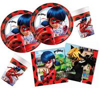 Procos 10133993 - Set per Feste Miraculous, Set da 52 Pezzi, 16 Piatti, 16 Bicchieri e 20 tovaglioli, Lady Bug, Cat Noir, stoviglie USA e Getta, Decorazione