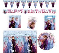 Procos 10210595 - Set per feste XXL Disney Frozen 2, 45 pezzi, 8 piatti, 8 bicchieri, 20 tovaglioli, 1 tovaglia, 6 sacchetti per feste, 1 bandierina, 1 striscione, stoviglie usa e getta, stoviglie per