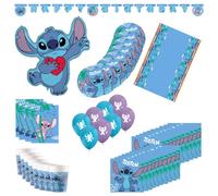 Procos Decorazione di compleanno Stitch, pezzi, contiene 8 piatti bicchieri di carta, 20 tovaglioli, tovaglia, ghirlanda, palloncino in foil, 8 sacchetti, Blue, SET 2 (55-teilig), DY10183588