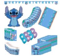 Procos Decorazione di compleanno Stitch, pezzi, contiene 8 piatti bicchieri di carta, 20 tovaglioli, tovaglia, ghirlanda, palloncino in foil, 8 sacchetti, Blue, SET 4 (55-teilig), DY10183590