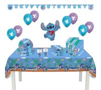 Procos - Decorazioni di compleanno Stitch, 55 pezzi, per il compleanno dei bambini, con stoviglie usa e getta per feste e decorazioni per feste