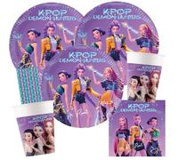 Procos Kpop Demon Hunters - Set per feste da 36 pezzi, piatti di carta, bicchieri di carta, tovaglioli + 8 cannucce di carta, per compleanno dei bambini