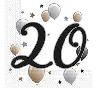 Procos- Tovaglioli Carta Compleanno Anniversario Milestone Anniversary Party (33x33cm, Doppio Velo), 20 Pezzi, Colore Bianco, Oro, Argento, Nero, Medio, 10232057